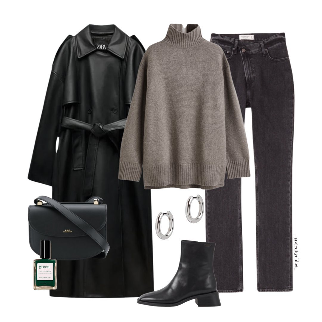 A Black Leather Coat and Taupe Turtleneck: Dark Neutrals with a Quietly Luxurious Finish
