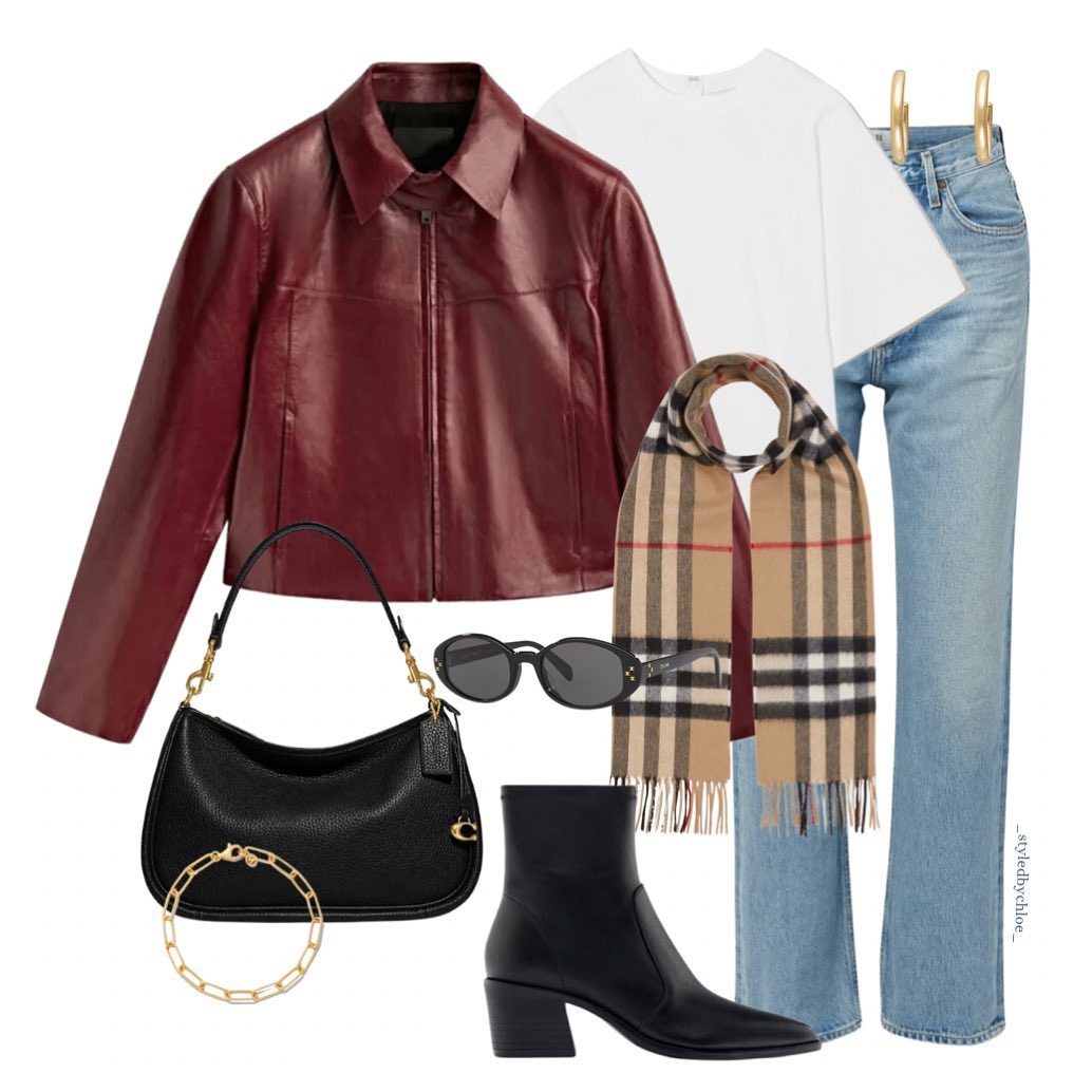 A Burgundy Leather Jacket, White Tee, and Denim: A Crisp Formula with Autumn Depth