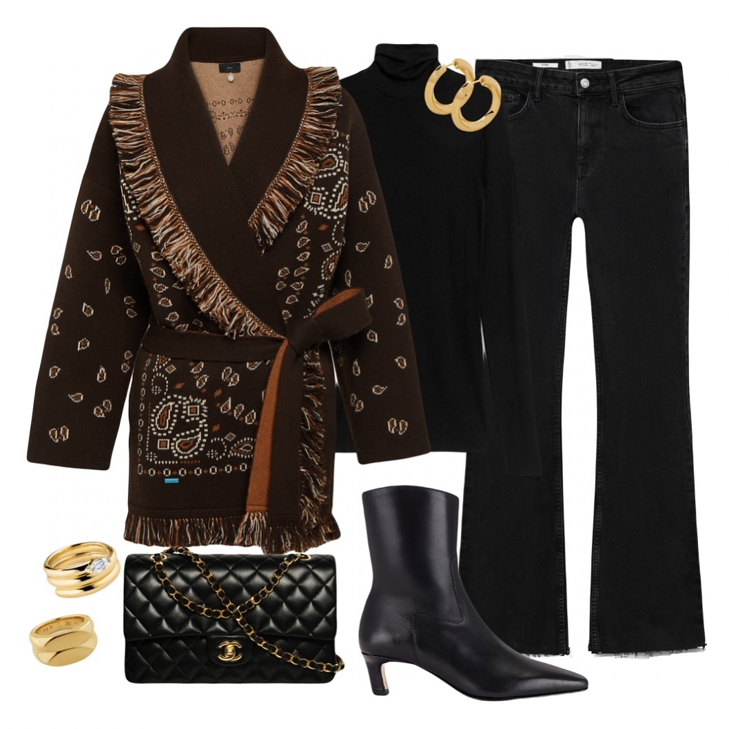 A Fringed Brown Knit Coat and Black Denim: Texture-Led Minimalism for Cooler Days